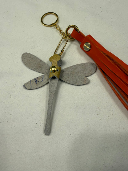 Orange Leather Handcut Tassel with Handmade Yellow Leather Dragonfly Charm on Gold Tone Hardware