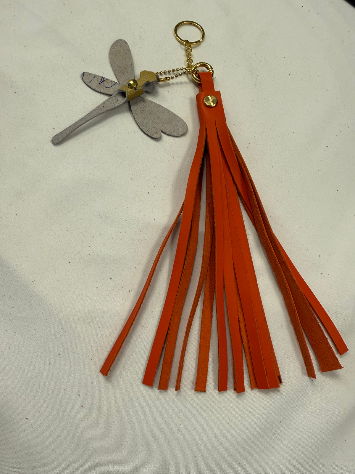 Orange Leather Handcut Tassel with Handmade Yellow Leather Dragonfly Charm on Gold Tone Hardware