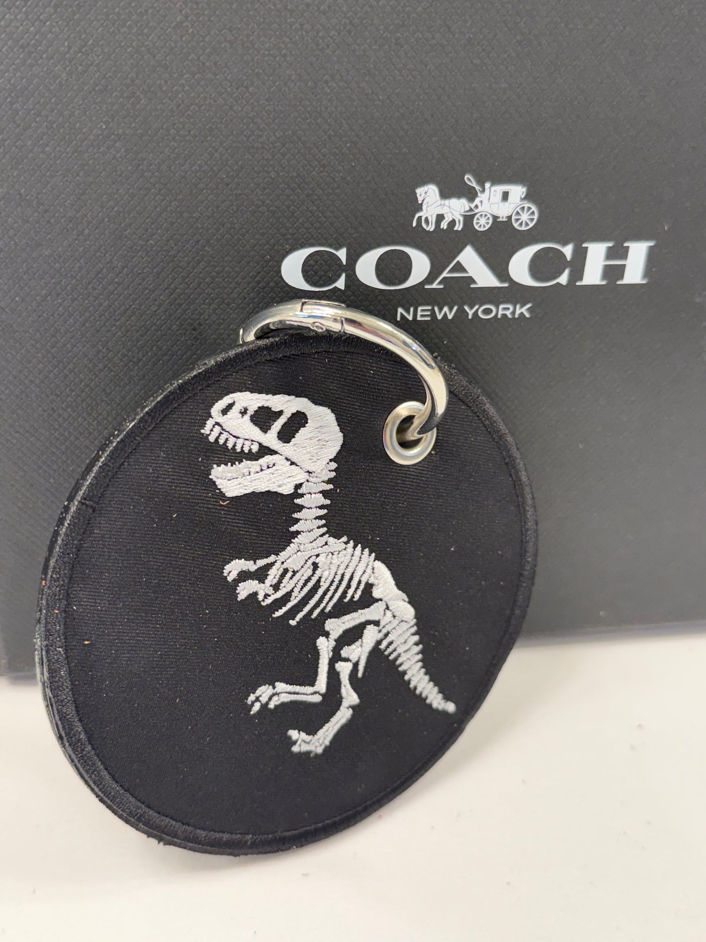Repurposed Piece of a Coach Handbag with T-Rex Skeleton Patch Bag Charm