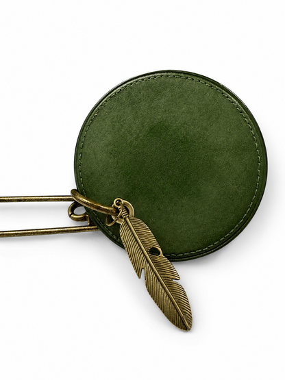 Repurposed Coach Olive Coaster Distressed with Feather & XL Safety Pin Bag Charm