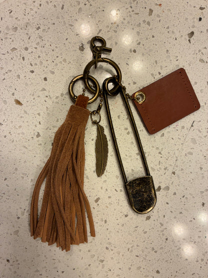 Upcrafted Coach Creed Cluster Bag Charm Suede Tassel – Repurposed Coach Creed Story Patch Bag Charm Cluster Brown Suede Tassel – Antique Brass Hardware
