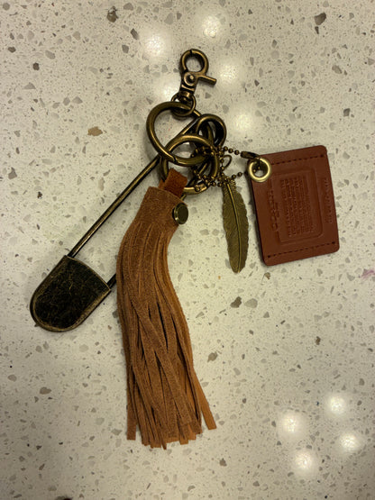Upcrafted Coach Creed Cluster Bag Charm Suede Tassel – Repurposed Coach Creed Story Patch Bag Charm Cluster Brown Suede Tassel – Antique Brass Hardware