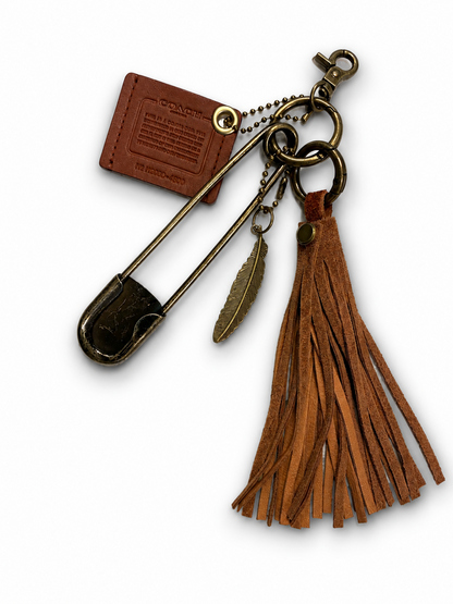 Upcrafted Coach Creed Cluster Bag Charm Suede Tassel – Repurposed Coach Creed Story Patch Bag Charm Cluster Brown Suede Tassel – Antique Brass Hardware