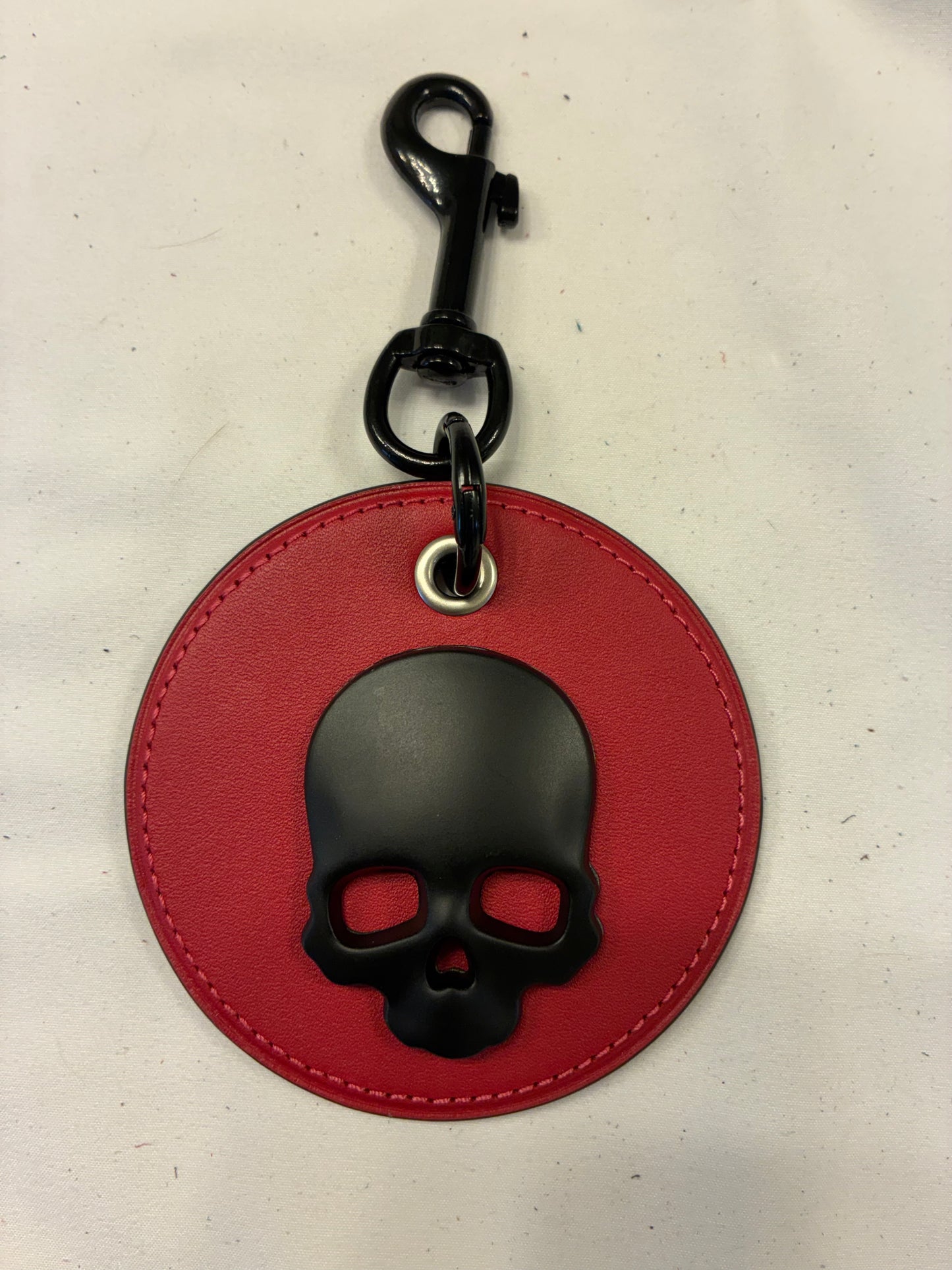 Repurposed Red Leather Coach Coaster Bag Charm with Black Skull