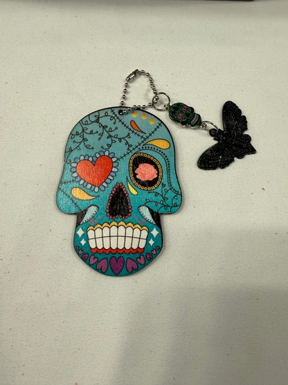 Sugar Skull Embossed on Wood with Sugar Skull and Skull Moth Charm Bag Charm