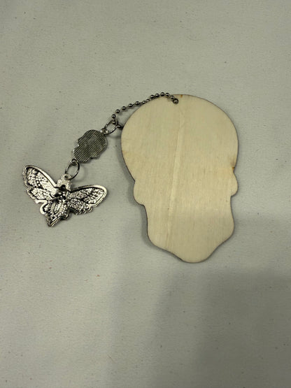 Sugar Skull Embossed on Wood with Sugar Skull and Skull Moth Charm Bag Charm
