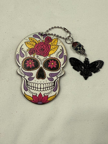 Sugar Skull Embossed on Wood Cut Out Bag Charm with Sugar Skull and Skull Moth Charm