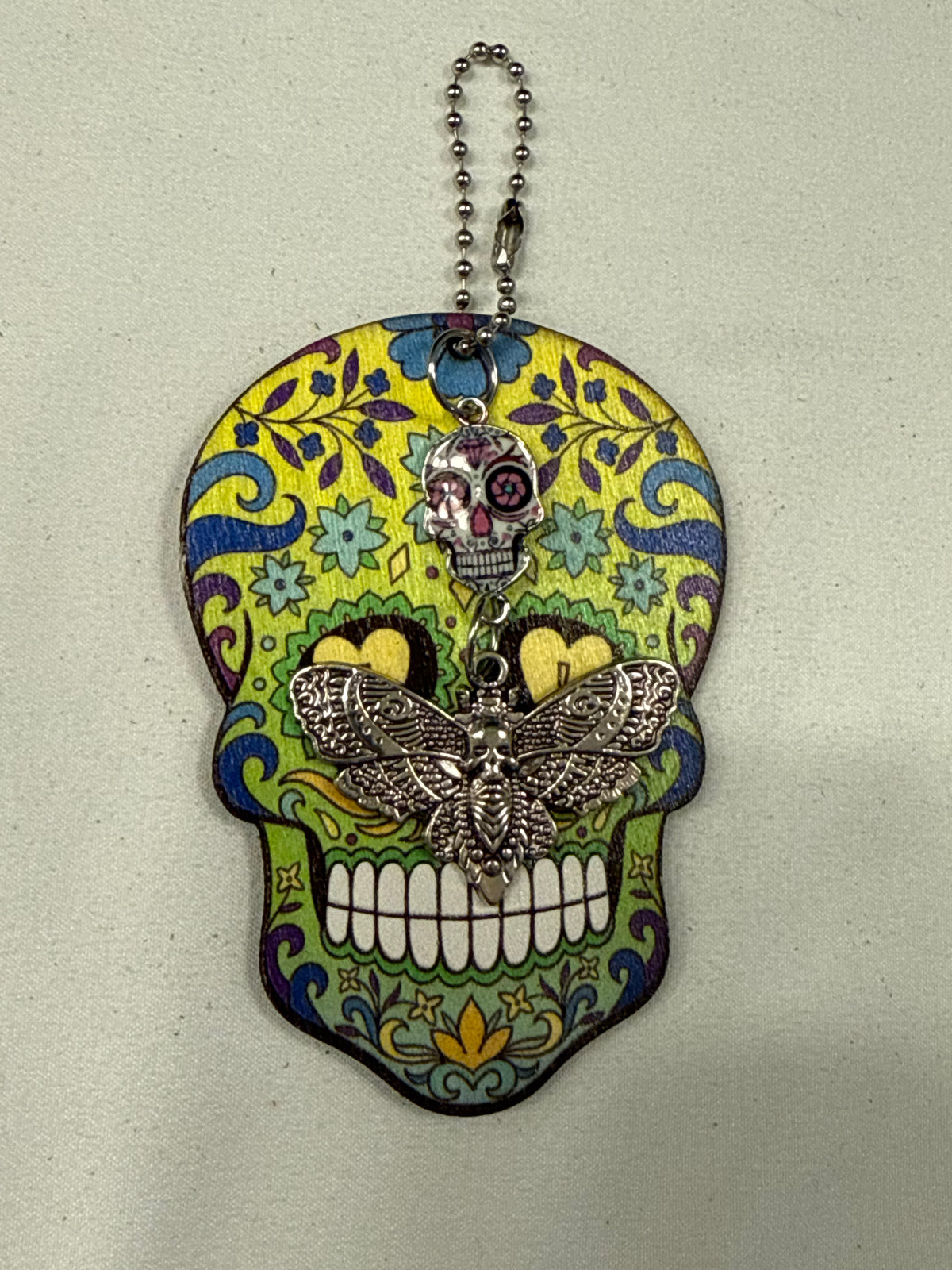 Sugar Skull Embossed on Wood with Sugar Skull and Skull Moth Charm Bag Charm
