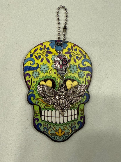 Sugar Skull Embossed on Wood with Sugar Skull and Skull Moth Charm Bag Charm