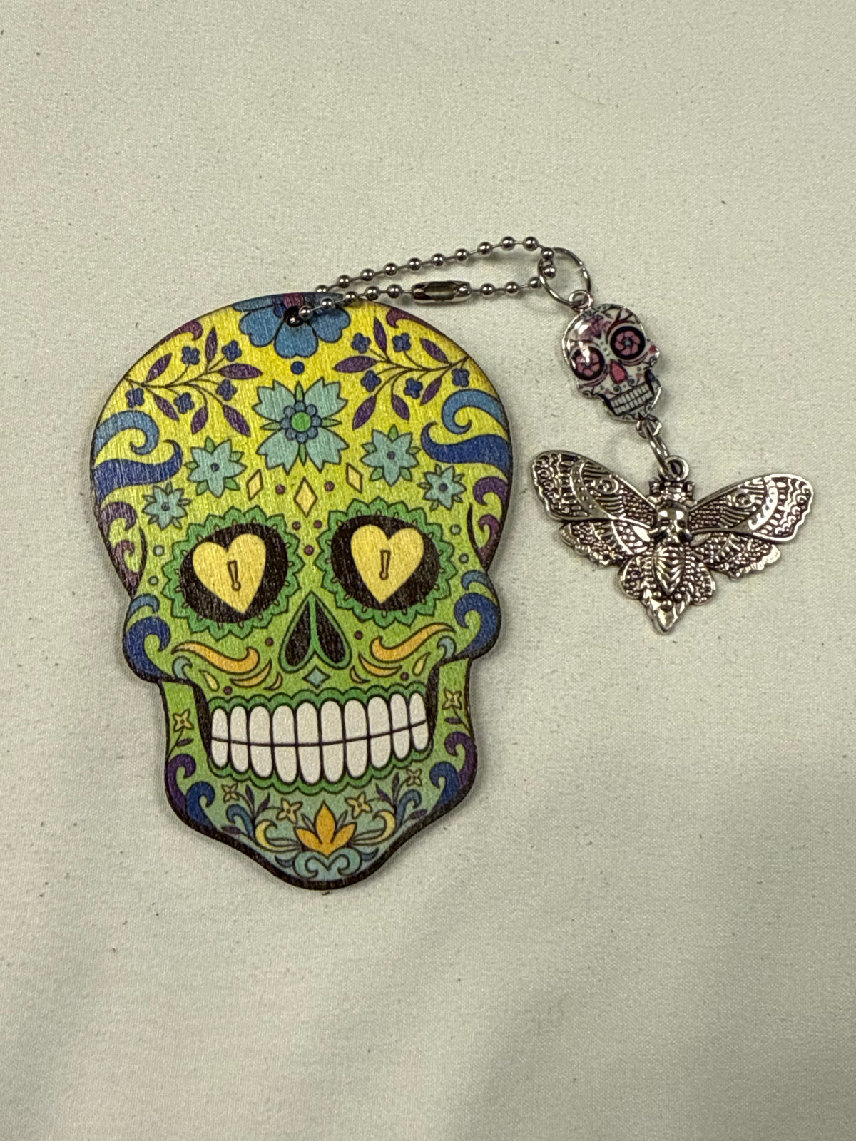Sugar Skull Embossed on Wood with Sugar Skull and Skull Moth Charm Bag Charm