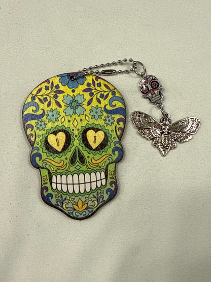 Sugar Skull Embossed on Wood with Sugar Skull and Skull Moth Charm Bag Charm