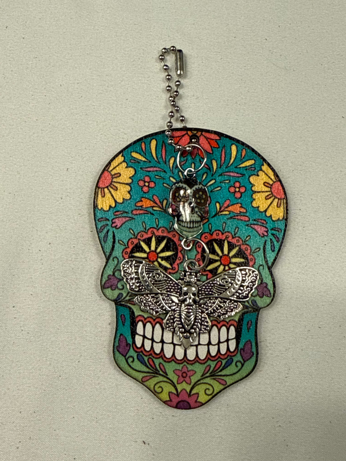 Sugar Skull Embossed on Wood with Sugar Skull and Skull Moth Charm Bag Charm