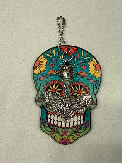 Sugar Skull Embossed on Wood with Sugar Skull and Skull Moth Charm Bag Charm