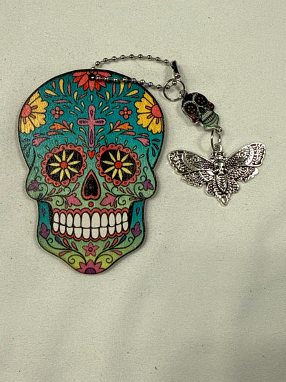 Sugar Skull Embossed on Wood with Sugar Skull and Skull Moth Charm Bag Charm