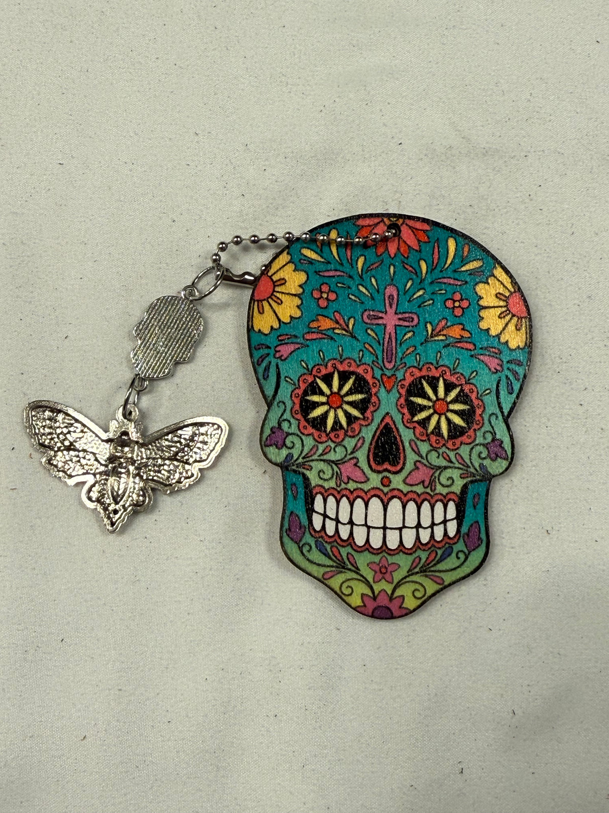 Sugar Skull Embossed on Wood with Sugar Skull and Skull Moth Charm Bag Charm