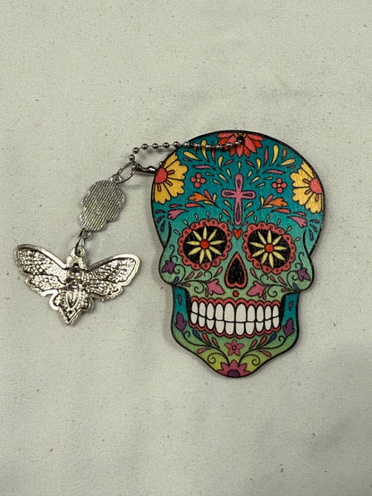 Sugar Skull Embossed on Wood with Sugar Skull and Skull Moth Charm Bag Charm