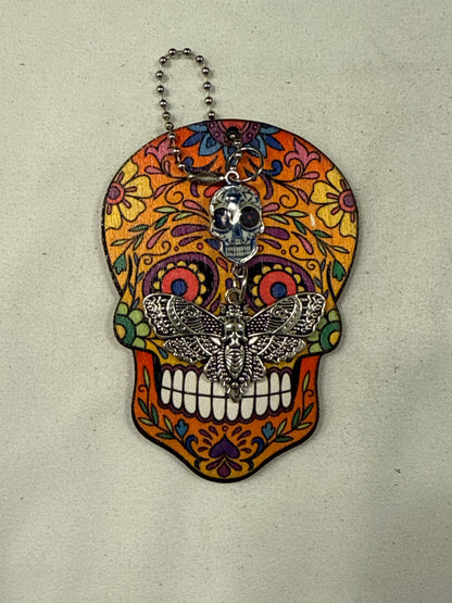 Sugar Skull Embossed on Wood with Sugar Skull and Skull Moth Charm Bag Charm