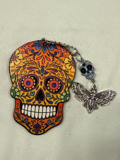 Sugar Skull Embossed on Wood with Sugar Skull and Skull Moth Charm Bag Charm