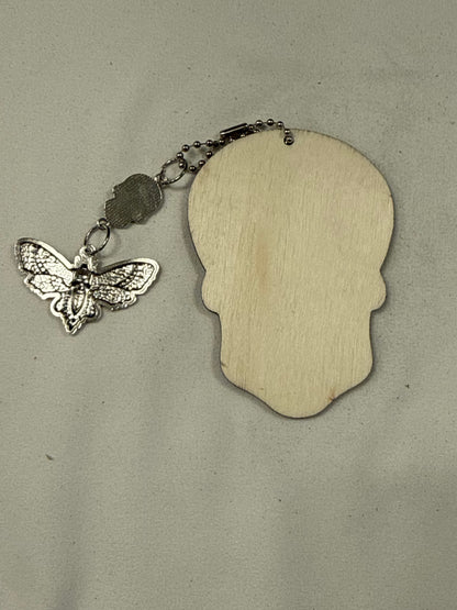 Sugar Skull Embossed on Wood with Sugar Skull and Skull Moth Charm Bag Charm