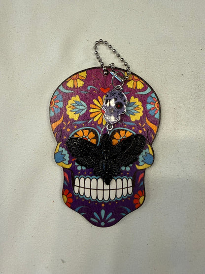 Purple Sugar Skull Embossed on Wood and Sugar Skull and Skull Moth Charm Bag Charm