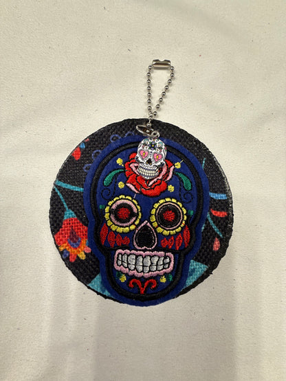 Sugar Skull Patch and Textile on a Painted Leather Disc with Sugar Skull Charm