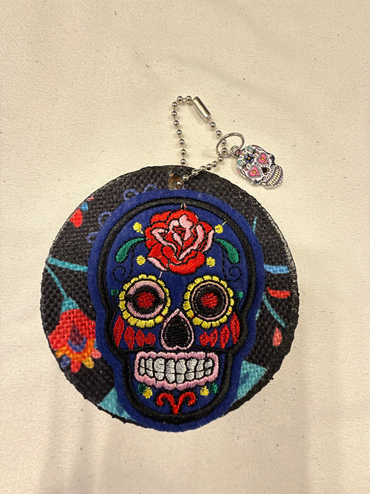 Sugar Skull Patch and Textile on a Painted Leather Disc with Sugar Skull Charm