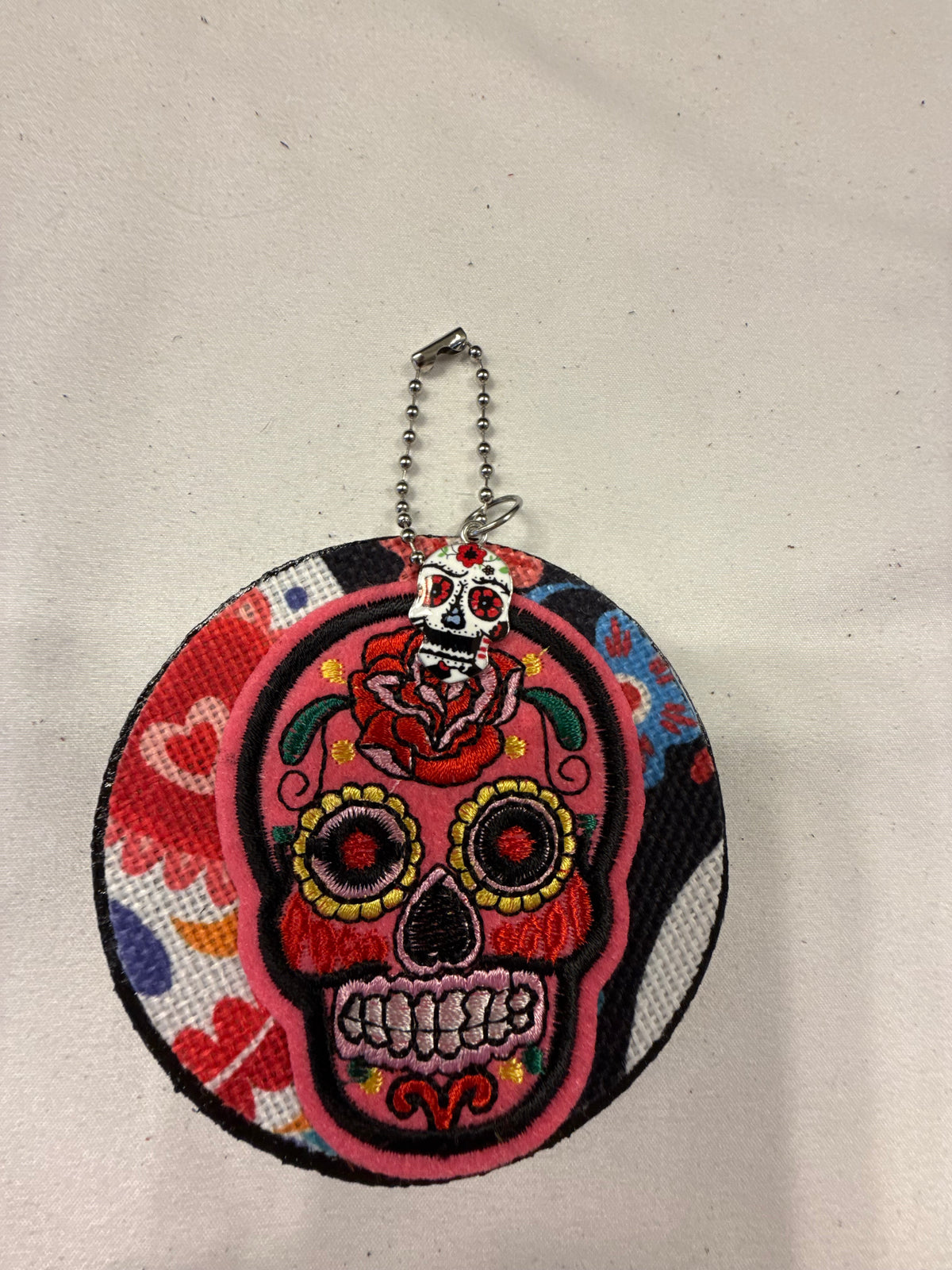 Sugar Skull Patch and Textile on a Painted Leather Disc with Sugar Skull Charm