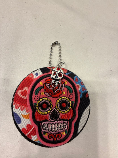 Sugar Skull Patch and Textile on a Painted Leather Disc with Sugar Skull Charm