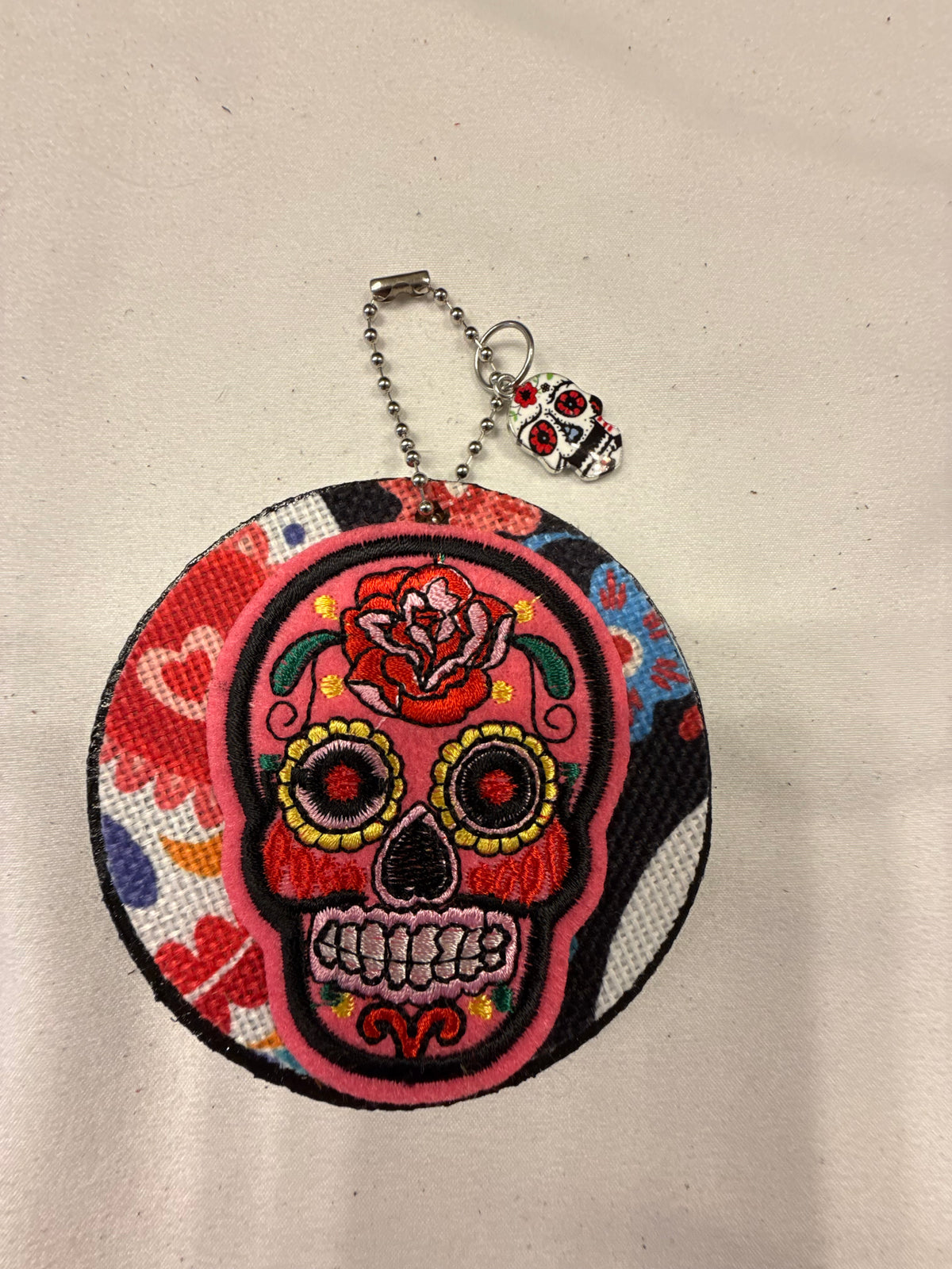 Sugar Skull Patch and Textile on a Painted Leather Disc with Sugar Skull Charm