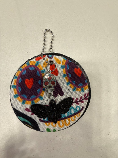 Dia De Los Muertos Textile on a Painted Leather Disc with Sugar Skull and Skull Moth Charm Bag Charm
