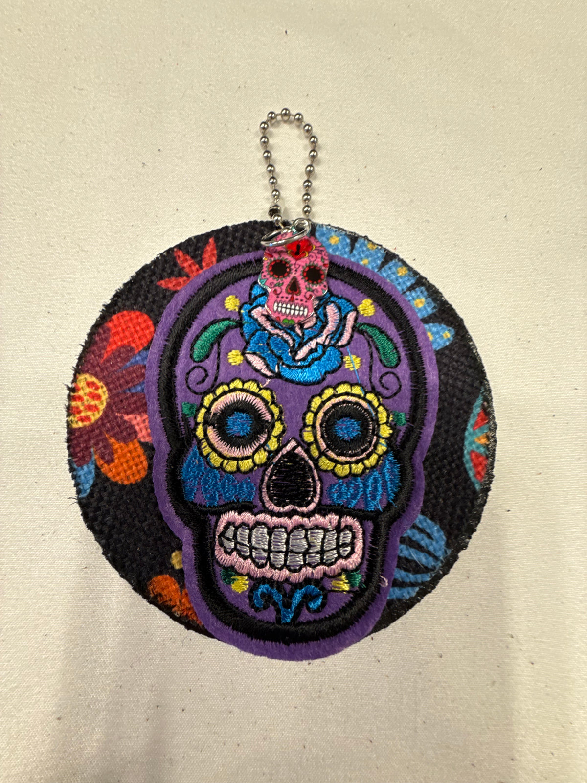Sugar Skull Patch and Textile on a Painted Leather Disc with Sugar Skull Charm