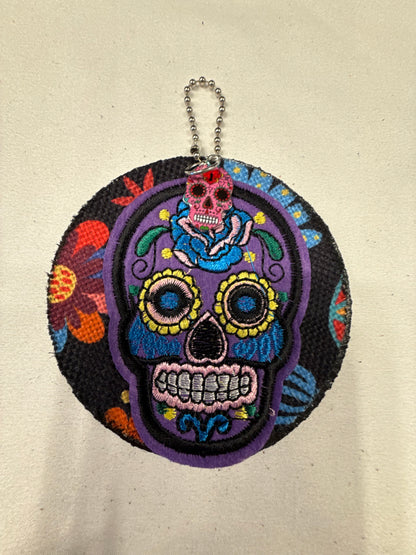 Sugar Skull Patch and Textile on a Painted Leather Disc with Sugar Skull Charm