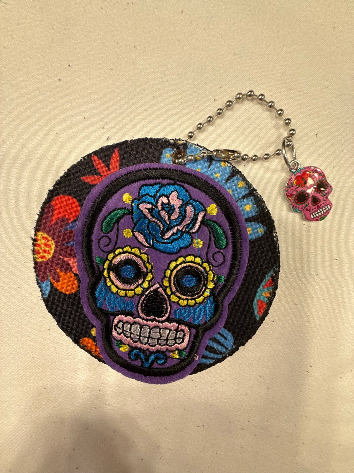 Sugar Skull Patch and Textile on a Painted Leather Disc with Sugar Skull Charm