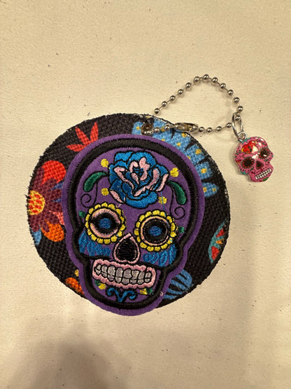 Sugar Skull Patch and Textile on a Painted Leather Disc with Sugar Skull Charm