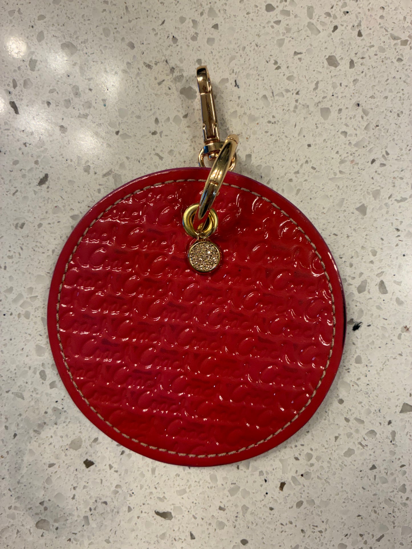 Repurposed 1990s Coach Coaster with Coach Rhinestone Mini-Charm Bag Charm