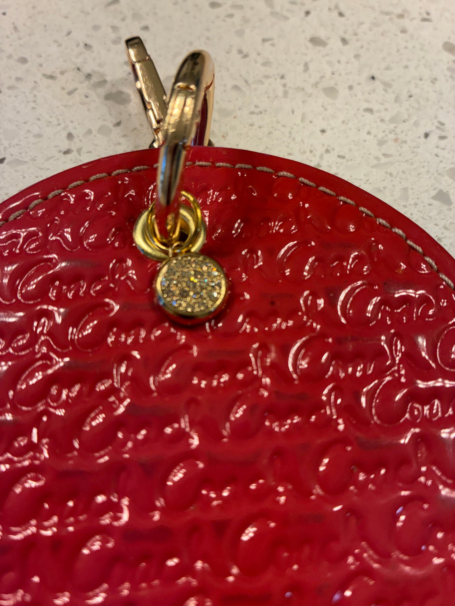 Repurposed 1990s Coach Coaster with Coach Rhinestone Mini-Charm Bag Charm