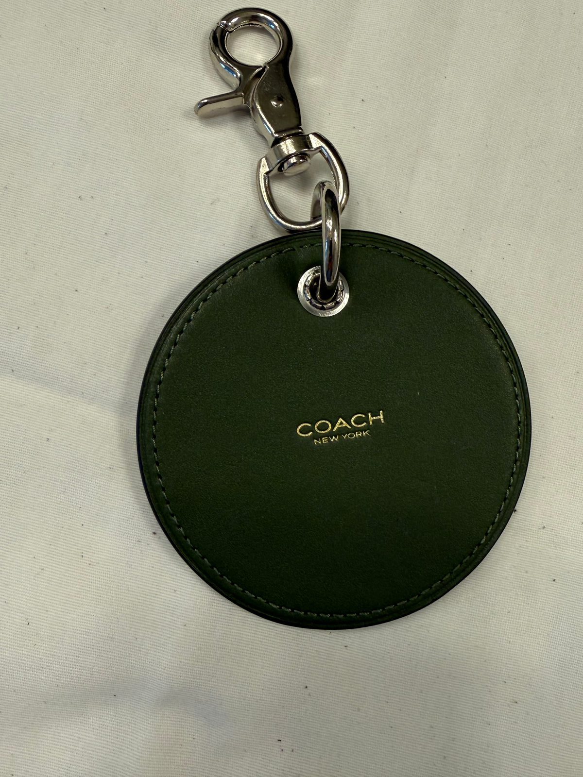 Repurposed Olive Coach Coaster with an Embroidered Heart Patch Bag Charm