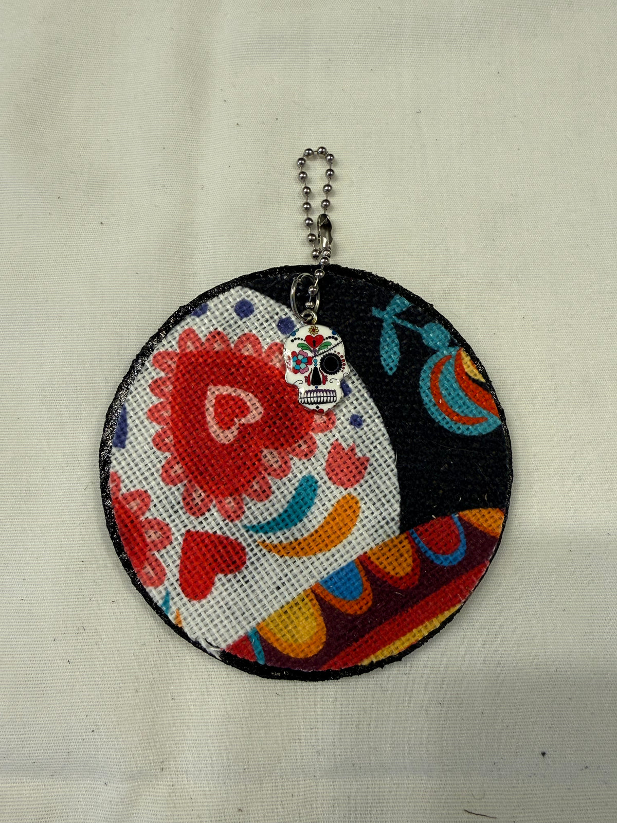Sugar Skull Textile on a Painted Leather Disc with Charm