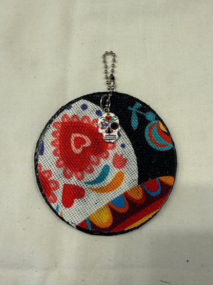Sugar Skull Textile on a Painted Leather Disc with Charm
