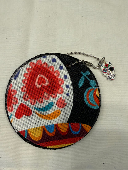 Sugar Skull Textile on a Painted Leather Disc with Charm