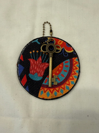 Dia De Los Muertos Textile on a Painted Leather Disc with Charm