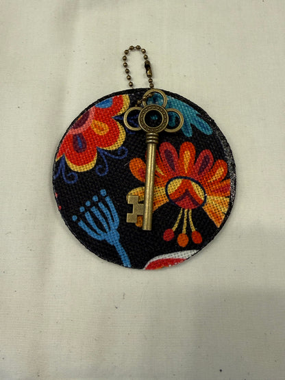 Dia De Los Muertos Textile on a Painted Leather Disc with Charm