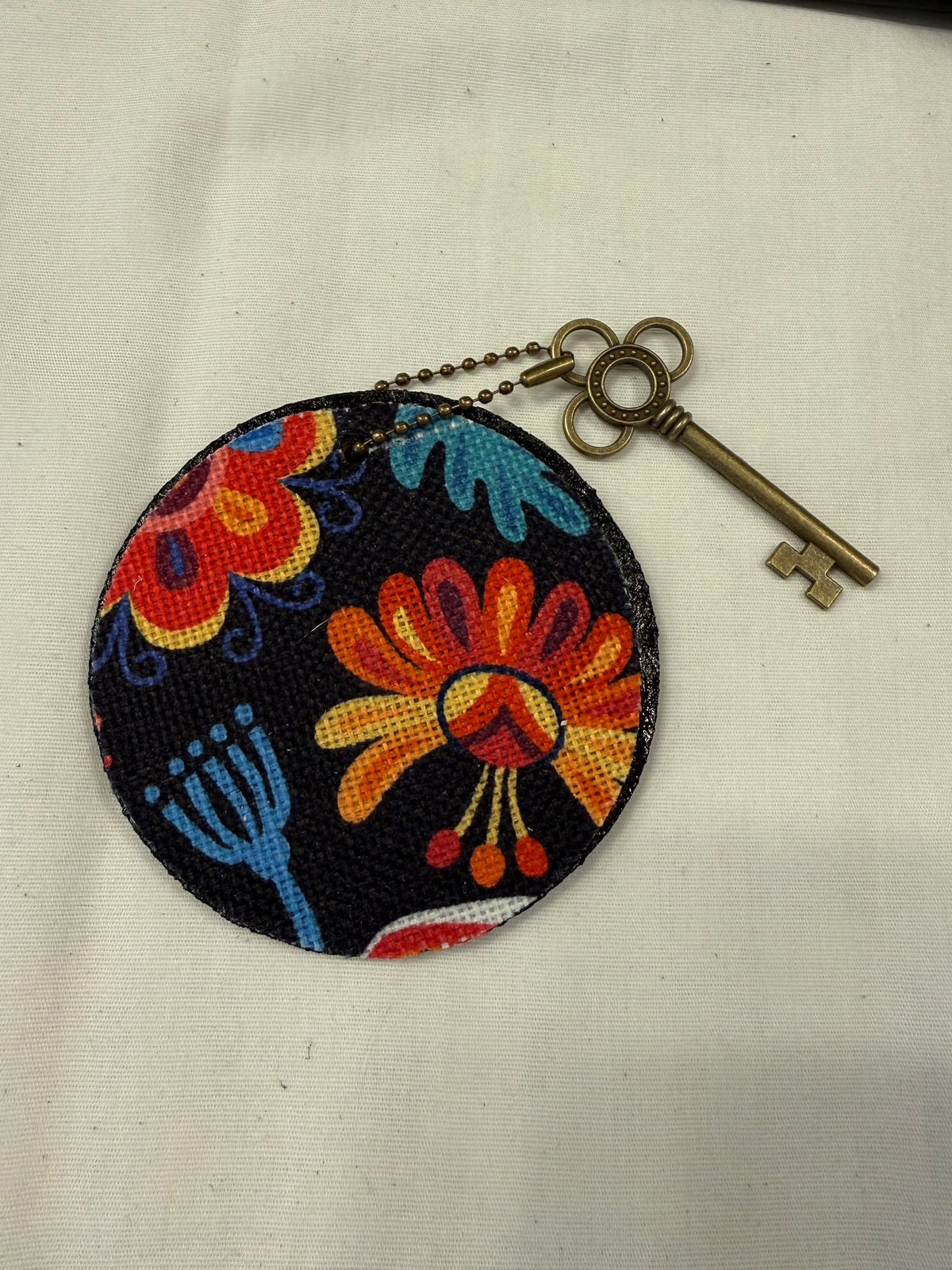 Dia De Los Muertos Textile on a Painted Leather Disc with Charm
