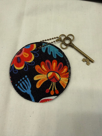 Dia De Los Muertos Textile on a Painted Leather Disc with Charm