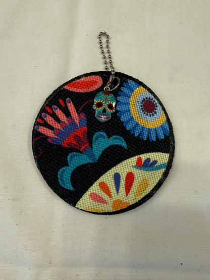 Dia De Los Muertos Textile on a Painted Leather Disc with Charm
