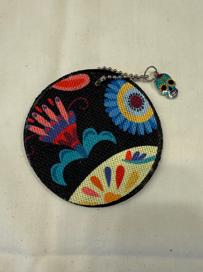 Dia De Los Muertos Textile on a Painted Leather Disc with Charm