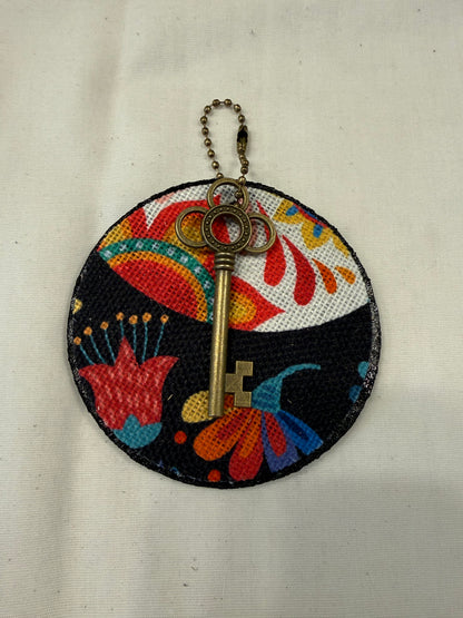 Dia De Los Muertos Textile on a Painted Leather Disc with Charm