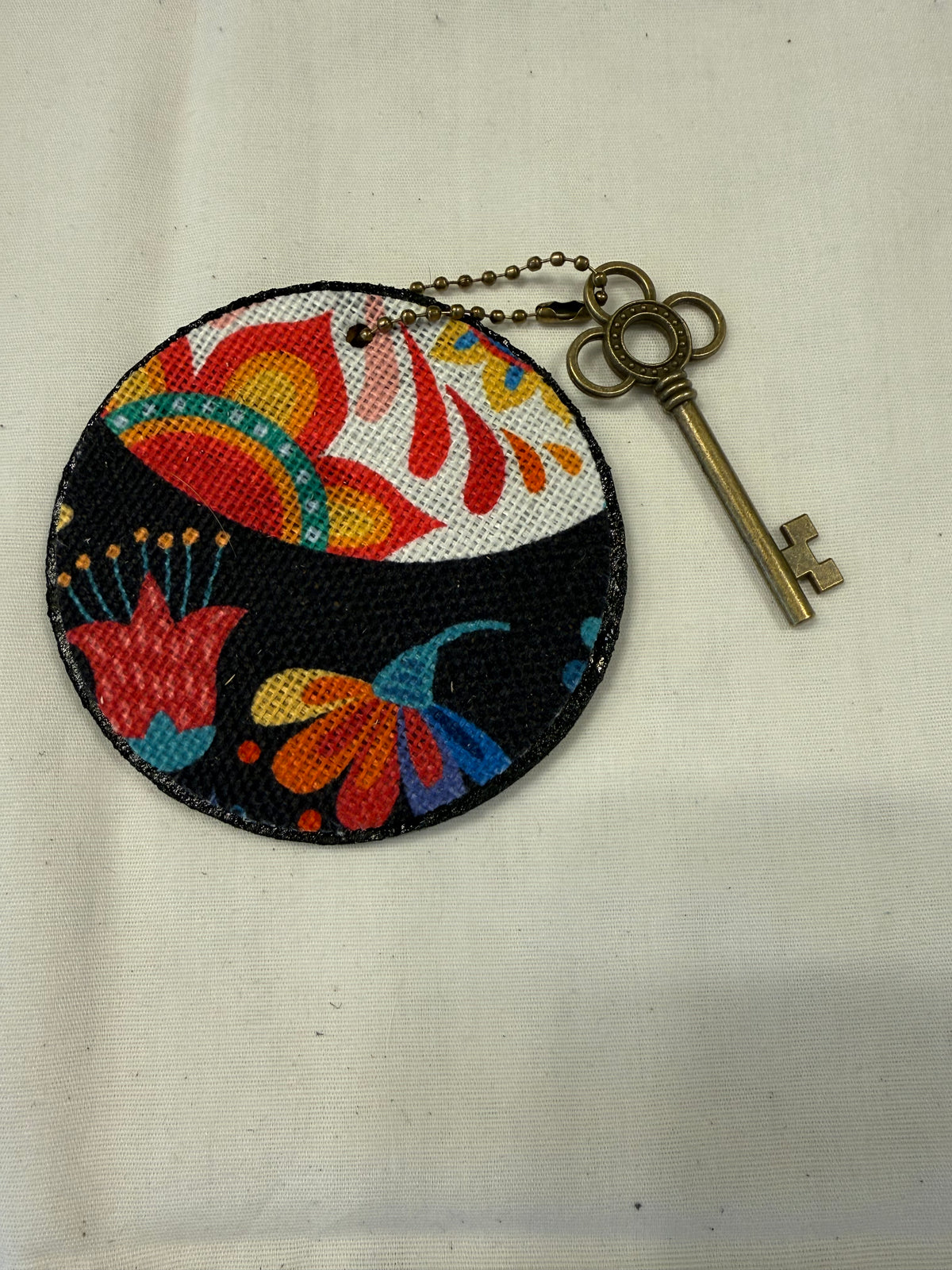 Dia De Los Muertos Textile on a Painted Leather Disc with Charm