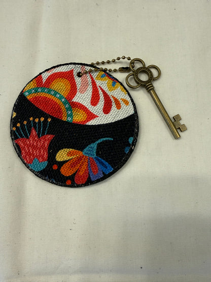 Dia De Los Muertos Textile on a Painted Leather Disc with Charm