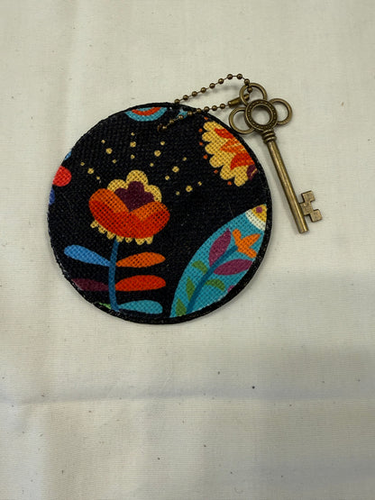 Dia De Los Muertos Textile on a Painted Leather Disc with Charm
